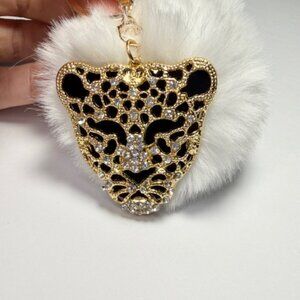 Fashion Jewelry Leopard Keychain Fluffy Pom Pom Gold Rhinestone Bling Bag Charm